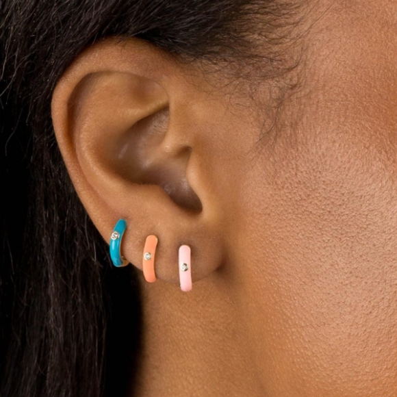 Little Baby Blue Gold Hinged Hoops Enamel Hoop Earrings Rhinestone Crystal New - Picture 3 of 6